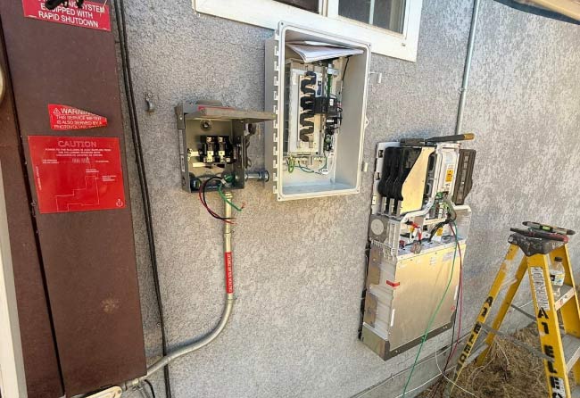 A residential electrical panel with the cover removed, revealing the interior circuit breakers and wiring.