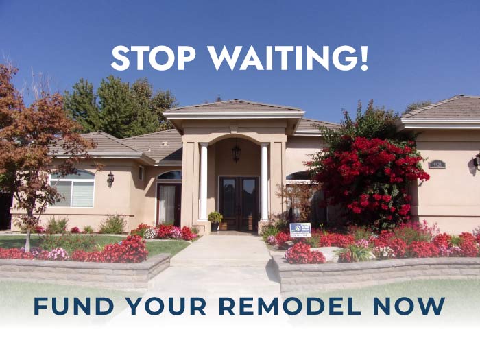 17 Creative Ways to Finance your Home Remodel: Promotional image for home remodeling financing featuring a beautifully landscaped, updated residential home exterior, encouraging homeowners to fund their project now