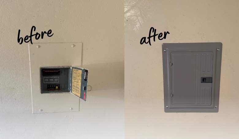 Before and after comparison photo of an electrical panel upgrade, showing an old, exposed box replaced with a modern, safe, and professional main breaker panel, often required for large remodels