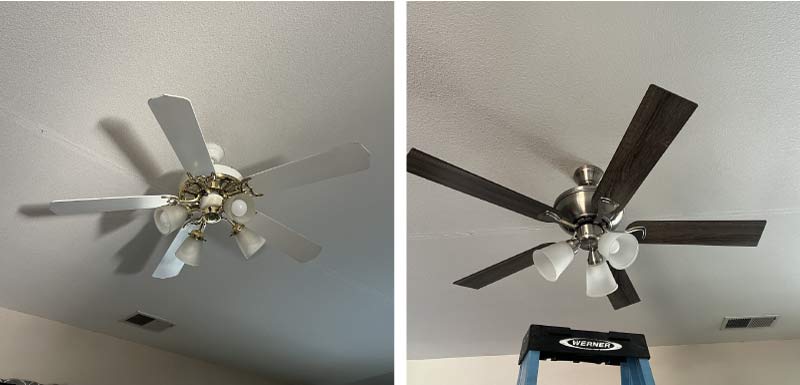 Before and after comparison showing an outdated white and brass ceiling fan replaced with a modern, sleek model featuring wood-look blades and updated lighting fixtures