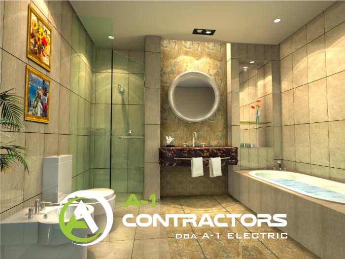 Elegant, modern bathroom design featuring rich marble-look tiles, a circular mirror, walk-in shower, and built-in niches, demonstrating luxury bathroom remodel options.