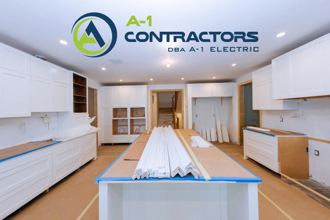 Kitchen remodel project in progress with protective covering and trim pieces staged on the island, highlighting the installation phase.