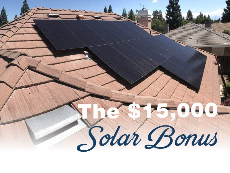 Does Solar Improve Home Value? Residential brown tile roof featuring a black solar panel array with text overlay highlighting the 15,000 dollar solar bonus for home equity